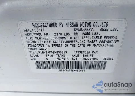 2014 Infiniti Q50 Premium from USA, damaged, VIN JN1BV7AP5EM690619